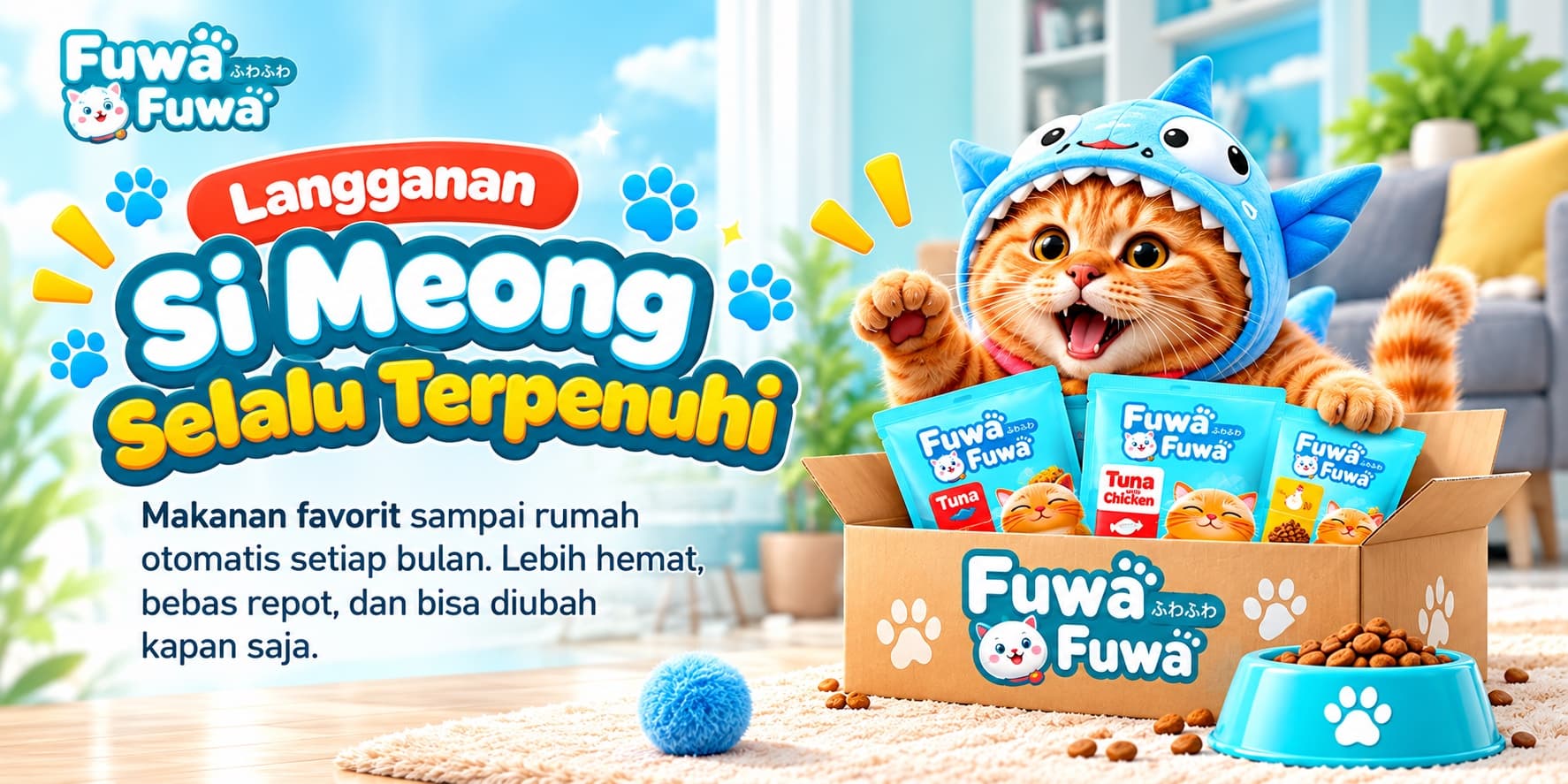 Banner langganan si Meong: paket makanan basah dan kering Fuwa Fuwa dalam satu kiriman