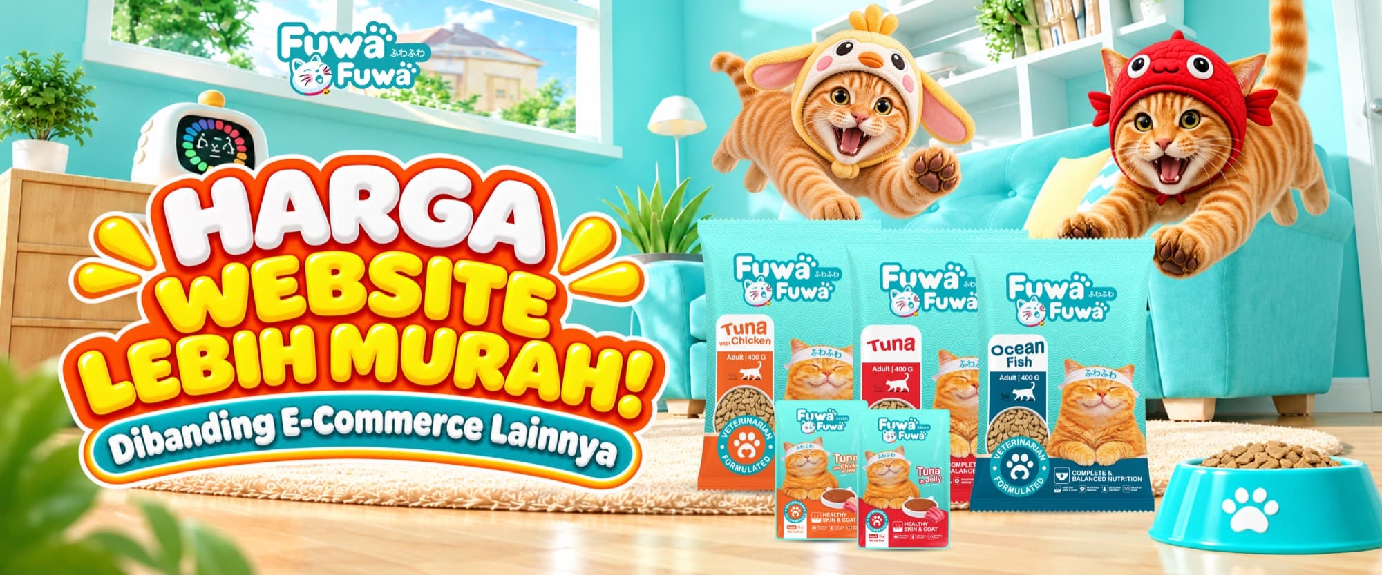 Banner promo Fuwa Fuwa: Harga Website Lebih Murah Dibanding E-Commerce Lainnya, dengan kemasan dry food Tuna, Tuna with Chicken, Ocean Fish, dan pouch wet food